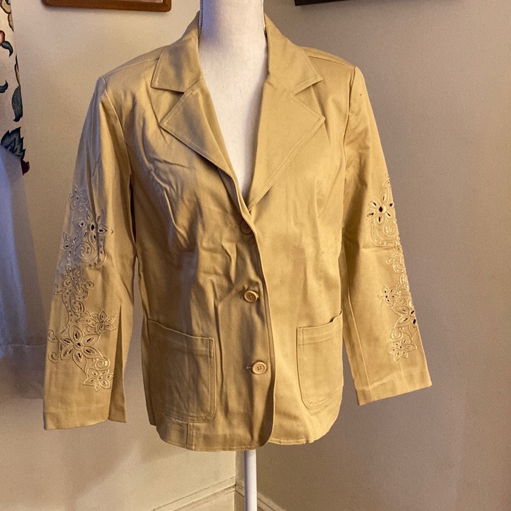 Susan Graver Tan Embroidered Button Up Blazer